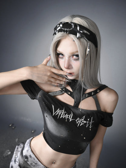 未来的なブラックホルターネックファッションサイバーパンクトップス、取り外し可能な袖付き、Y3Kクロップド丈