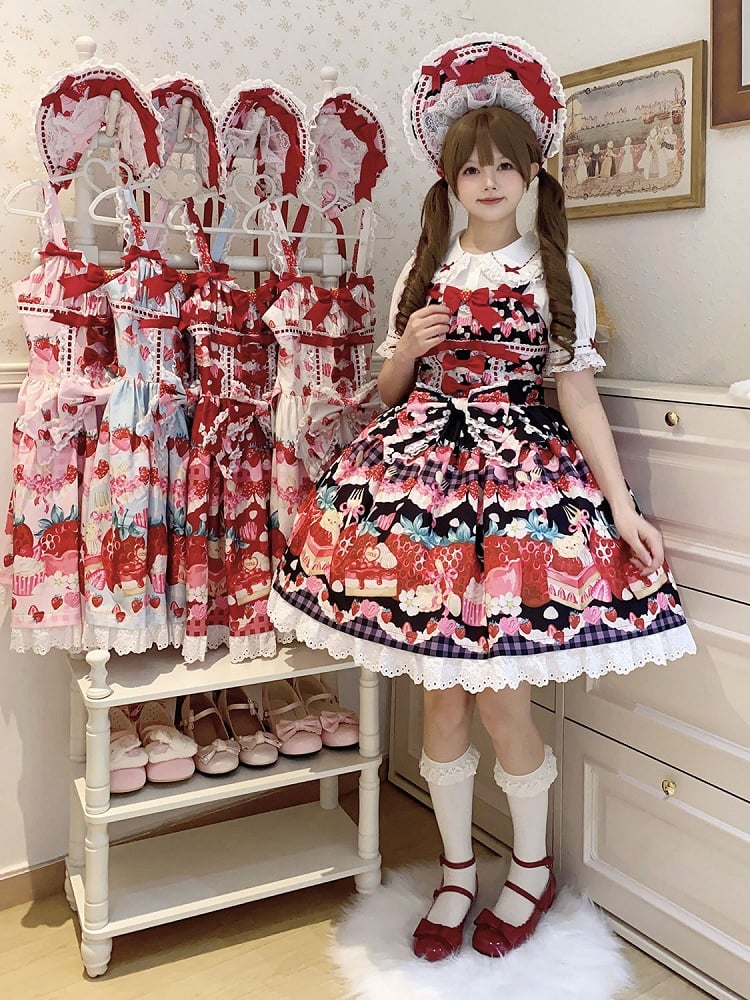 und süßes schwarzes Erdbeer-Dessert-Kleid mit Lolita-Print