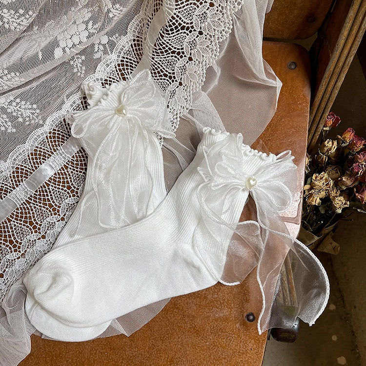 Double-Layer Bead Black/White Bowknot Mesh Socks Heart