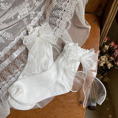 Double-Layer Bead Black/White Bowknot Mesh Socks Heart