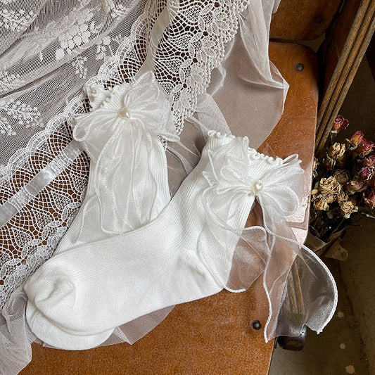 Double-Layer Bead Black/White Bowknot Mesh Socks Heart