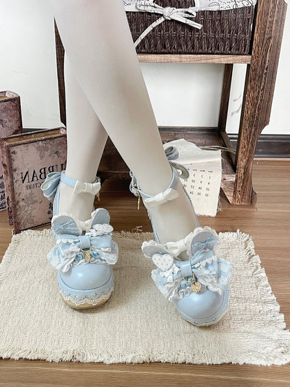 Blue White Rabbit Bowknot Heart Lace Lolita Shoes - Cheese Mango