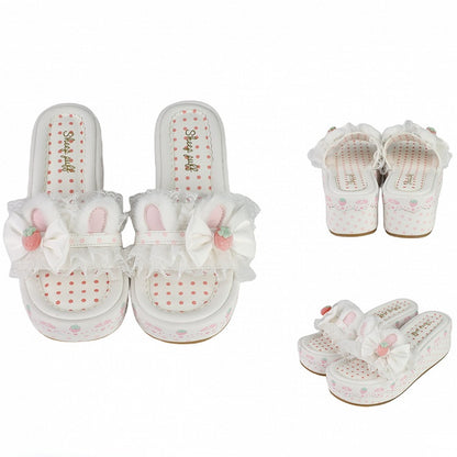 Lolita Lace White Accents Plush Sweet Bow Ear Platform Bunny Slippers Trim
