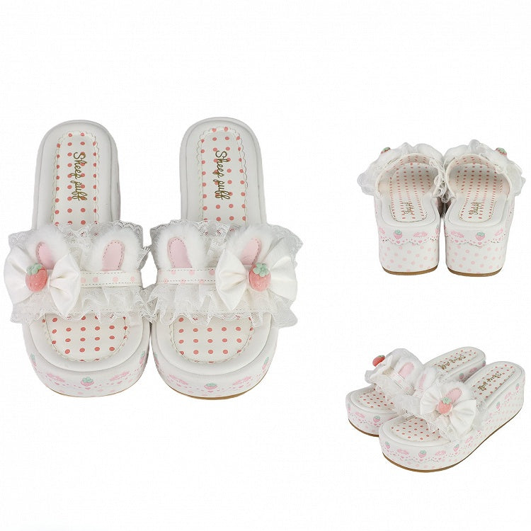 Trim Bow Platform Lolita Lace Accents Sweet White Ear Bunny Slippers Plush
