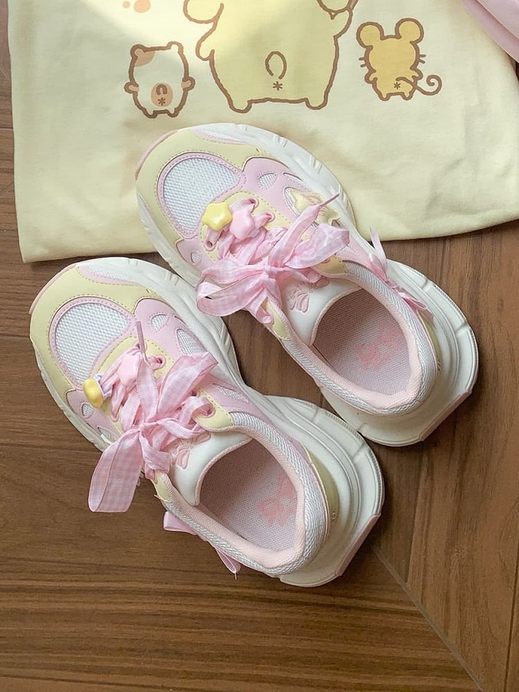 in Platform Pink Lolita Design Bow Plaid Lace-up Star Sweet Details Sneakers Yellow And