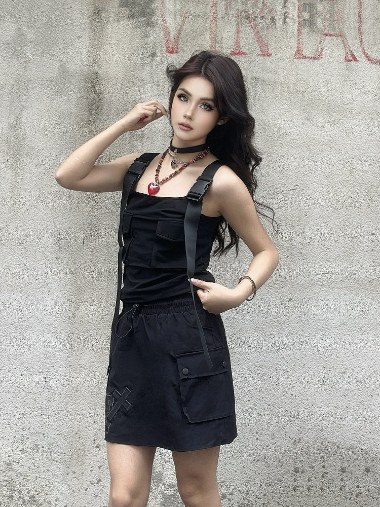 Cargo Pocket Skirt Cross and Skeleton Appliques Drawstring Black Waist