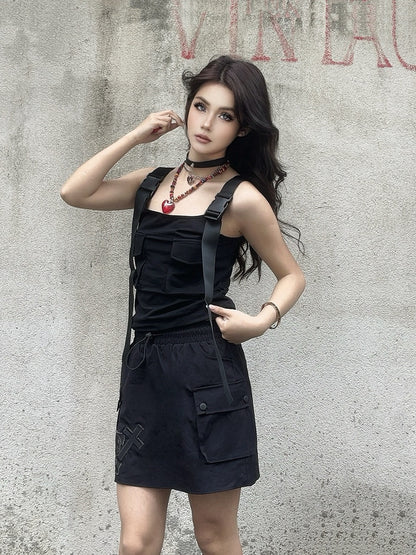 Cargo Pocket Skirt Cross and Skeleton Appliques Drawstring Black Waist