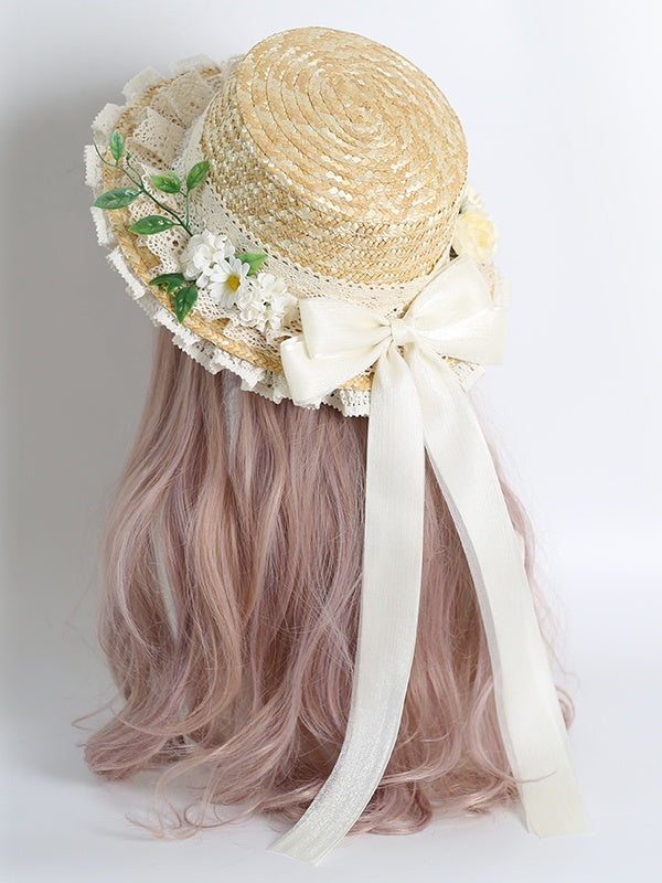 Hydrangea Bowknot Colors Straw Kei Lolita With Hat Lace Detachable Mori 4 Country