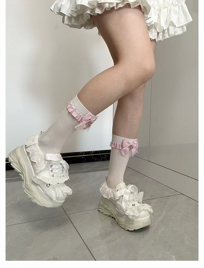 - Lolita Socks Plaid Kei Bow Ankle/Mid-Calf Pink Jirai with Length Style Sweet White