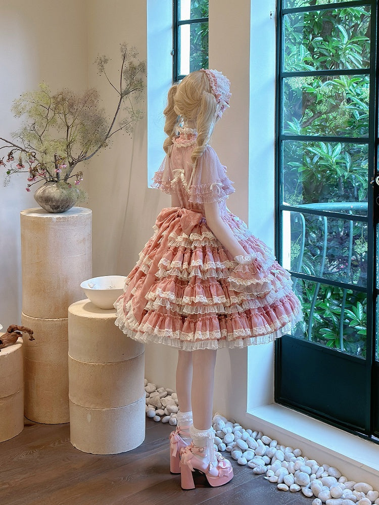 Lolita Ruffles Embroidery with Pink Lace Goldfish Details Dress Sweet and Tiered