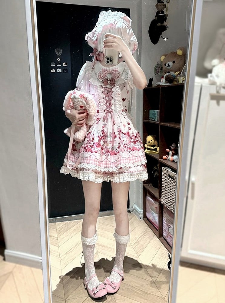 Pink Bunny and Cherry Print Short-Sleeve OP Dress with Matching Skirt - Doki Cherry