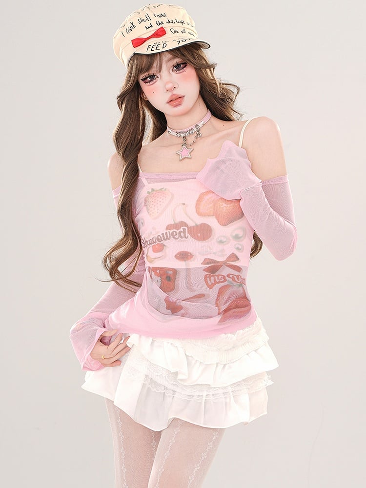 Rosa/Aprikose – Halbtransparentes, schulterfreies Top mit Erdbeer-Print und Camisole-Set