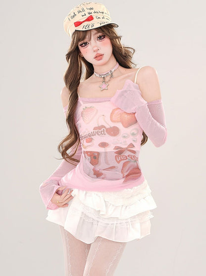Rosa/Aprikose – Halbtransparentes, schulterfreies Top mit Erdbeer-Print und Camisole-Set