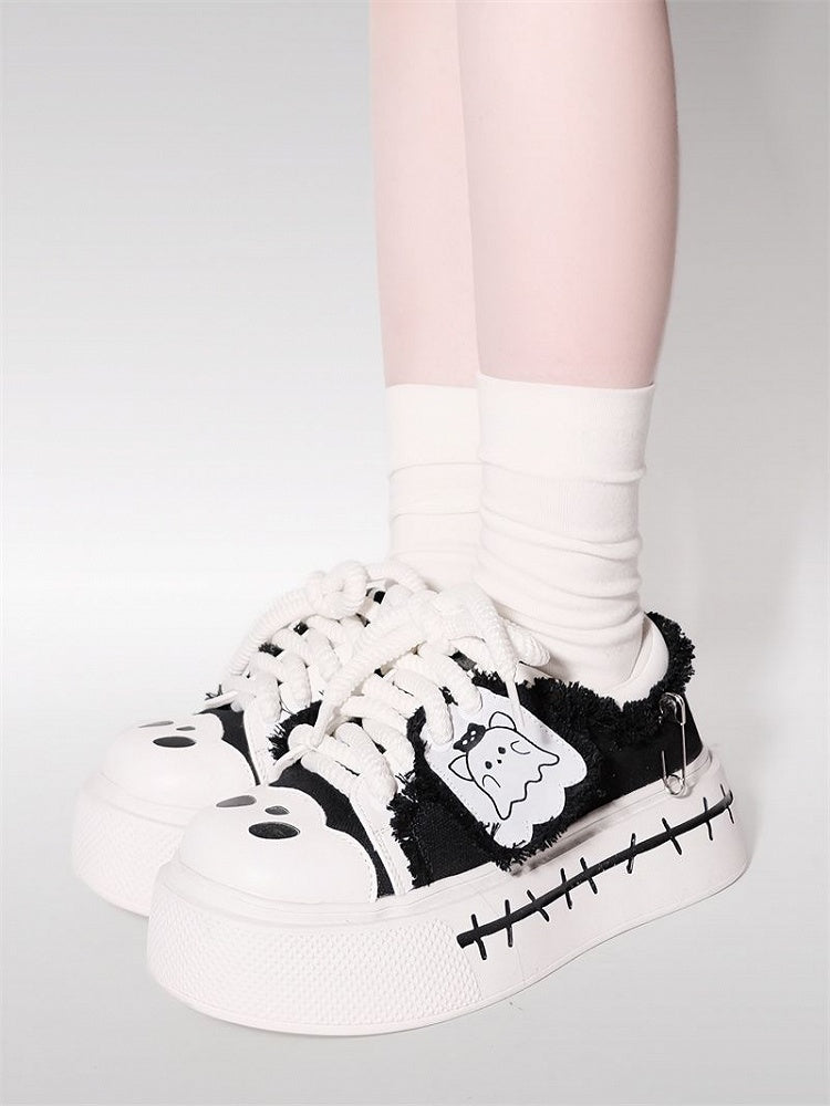 Sneakers Cute Black Ghost Platform Canvas and White
