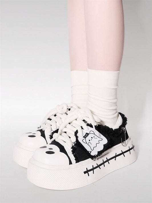 Sneakers Cute Black Ghost Platform Canvas and White