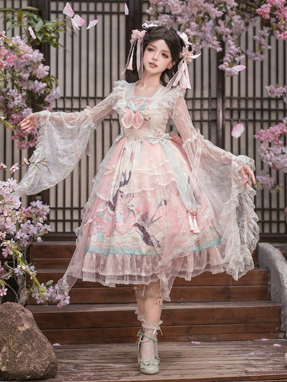 Pink Chinoiserie Lolita High Waist JSK Dress with Swallow and Peach Blossom Print - Dream Magic Box