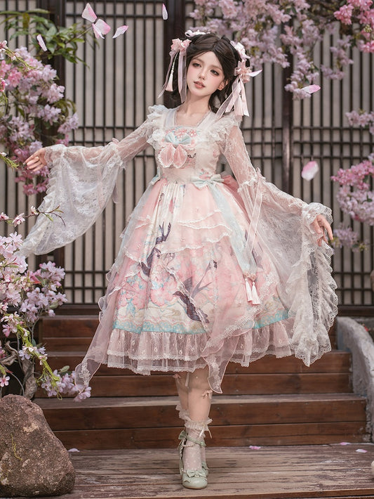 Pink Chinoiserie Lolita High Waist JSK Dress with Swallow and Peach Blossom Print - Dream Magic Box