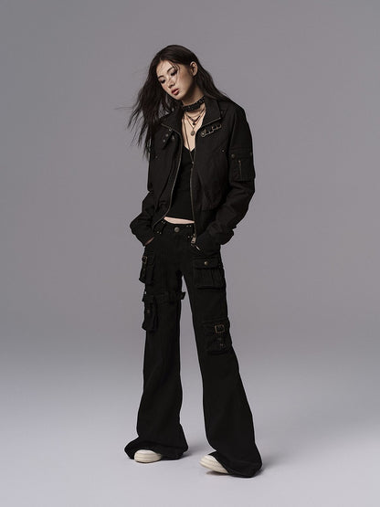 Pants - Vintage Silhouette Cargo Flare Pocket Detachable Black