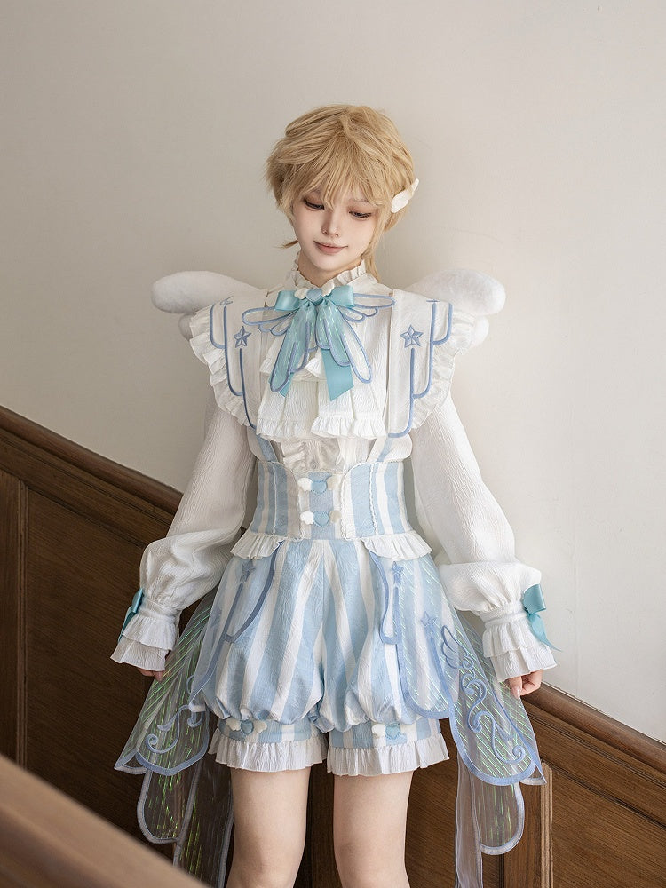 White & Blue Star Moon Embroidery Striped Lolita Suspender Bloomer Shorts with Angel Wing Train - Unknown Star
