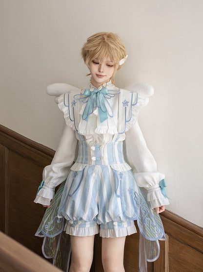 White & Blue Star Moon Embroidery Striped Lolita Suspender Bloomer Shorts with Angel Wing Train - Unknown Star