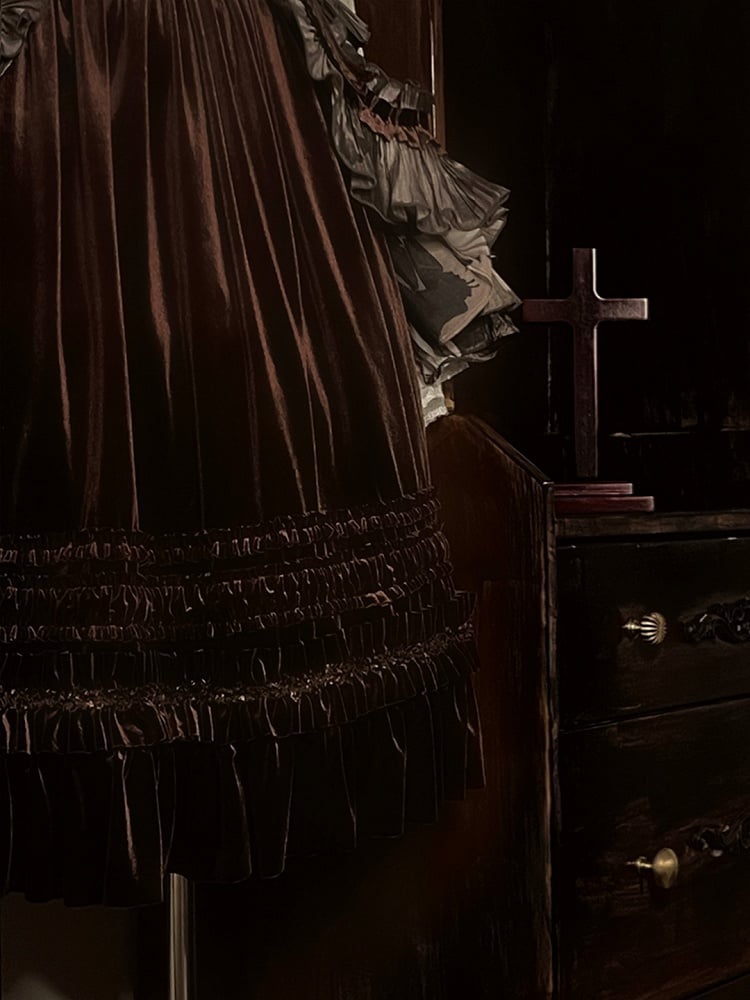 Gothic Dress Brown Pearl Shell Ruffled with Overlay Lolita Print