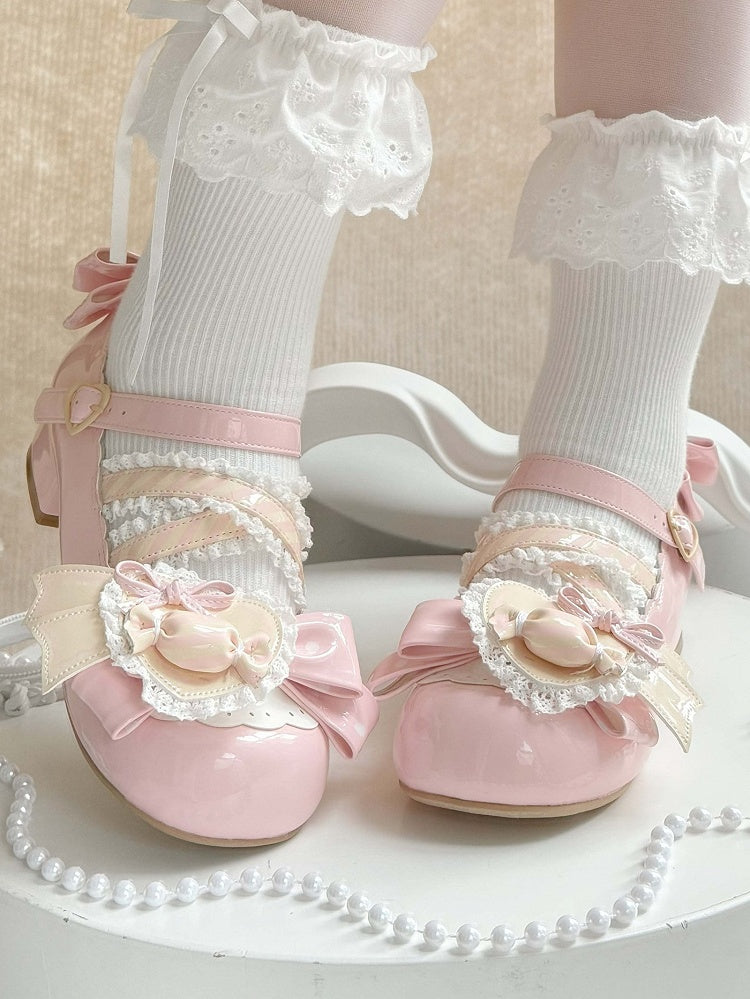 Bows Accents Pink Jane PU Light Mary Sweet Shoes with
