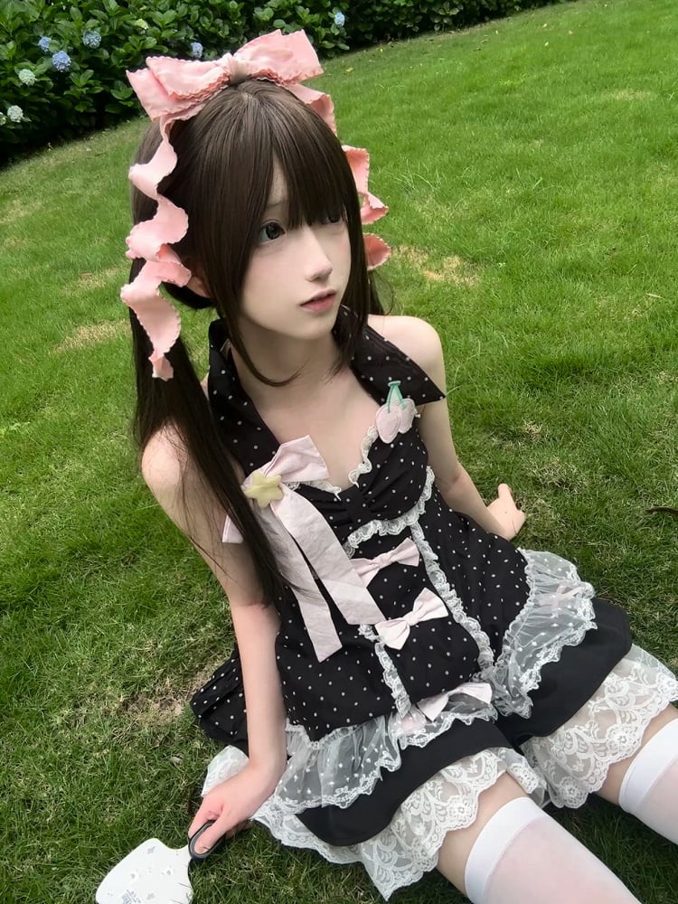 with Skirt Dot Bow Cherry and Halter Details Black Contrast Top Polka / Candy Patches