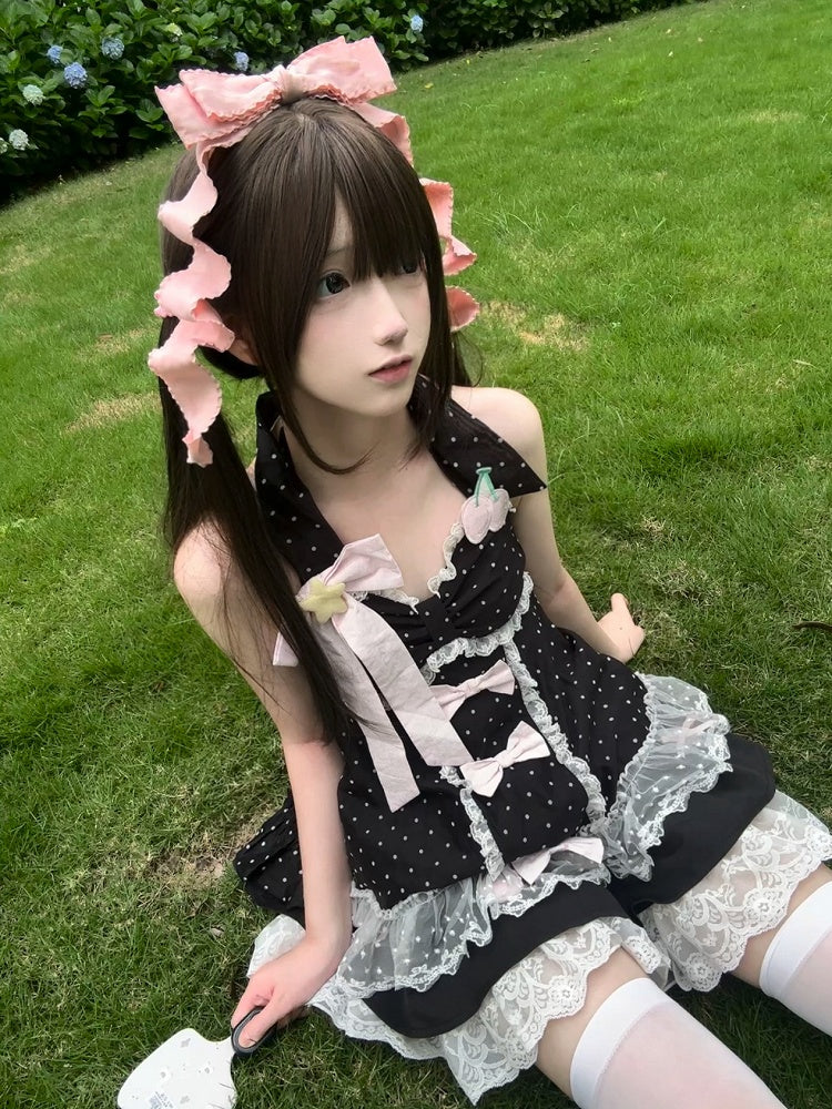 Polka Dot Halterneck Top with Contrasting Bow Accents in Black - kukuwa