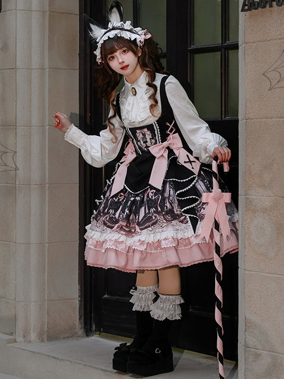 Süßes Lolita-Kleid mit Hasen- und Sargmotiv in Schwarz und Rosa