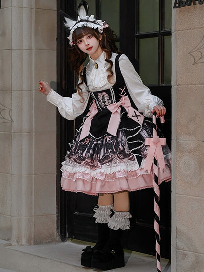 Süßes Lolita-Kleid mit Hasen- und Sargmotiv in Schwarz und Rosa