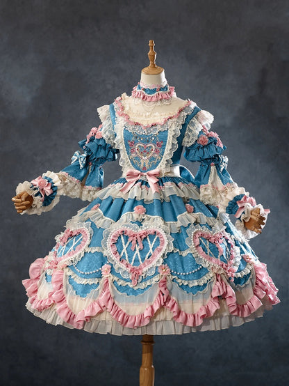 Blue Hanayome Rosette Embroidery Floral Bead Chain Lolita OP - Bramble Rose