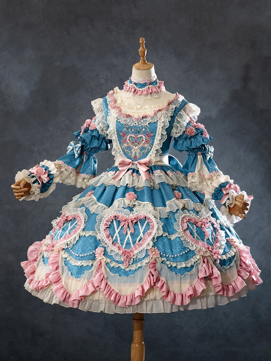 Rosette Embroidered Floral Bead Chain Blue Hanayome Lolita Dress - Bramble Rose