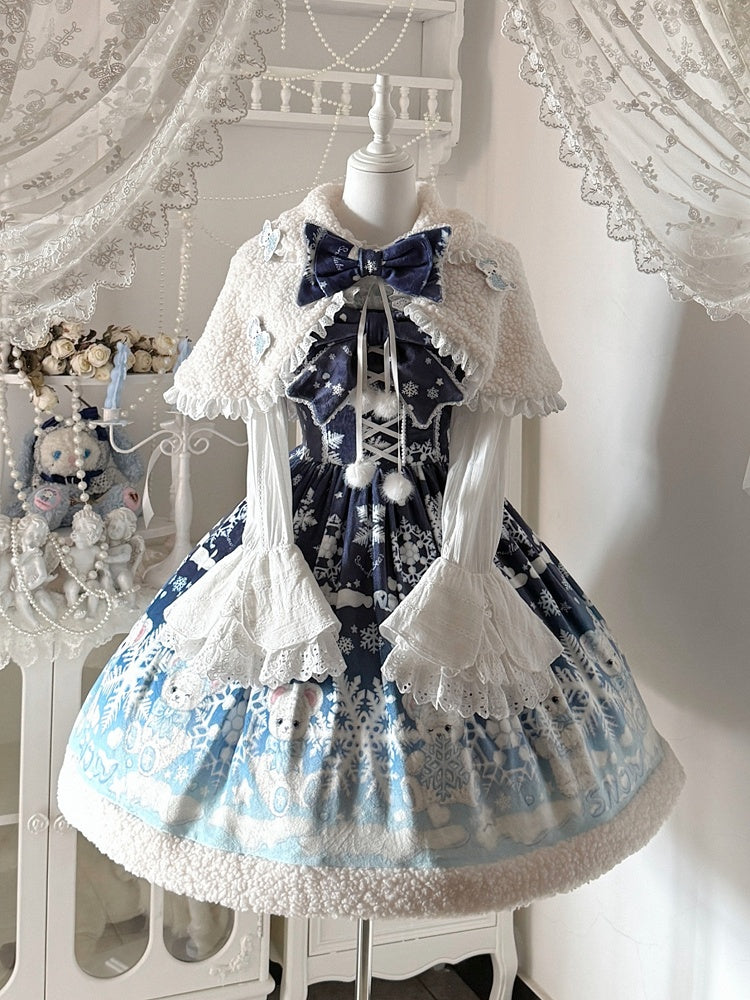 Sweet Winter Lolita Snowy Teddy Print Dark Blue-Light Blue Gradient Lolita JSK Full Set