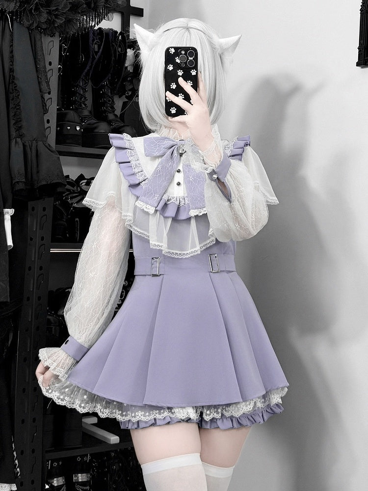 Purple Cape Design Long Sleeve Dress with Lace and Shorts Set - Faded Dolls