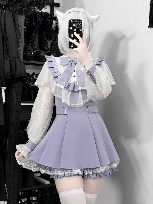 Purple Cape Design Long Sleeve Dress with Lace and Shorts Set - Faded Dolls