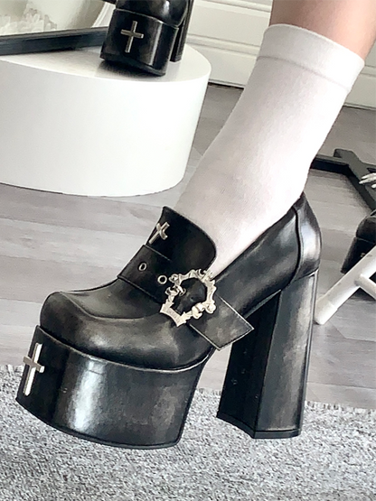 Matte Block Schnalle Hohe 11/13cm Schwarz Sarg Gothic mit Heels Plattform