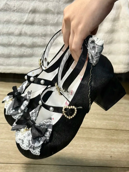 Mary Low - Satin with Lace Heart Sweet Heel Lolita Janes Trim Snap Black Beaded