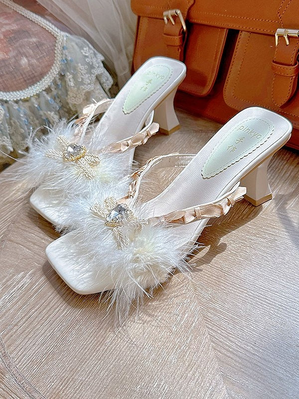 Bow Heeled Accents Plush - Beige Embellishment Sweet Lolita Sandals