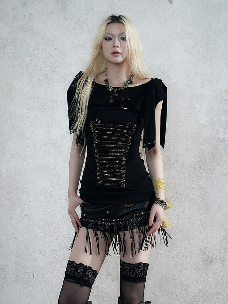 Black Knit Short-Sleeve Top with Rhinestone Design - NO ROMANCE