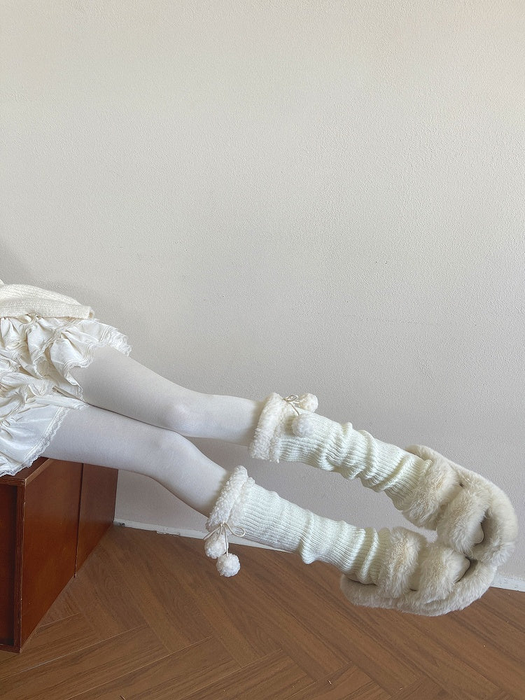 Warmers Ribbed Leg with Cuff Mid-Calf Sherpa Pom-Poms