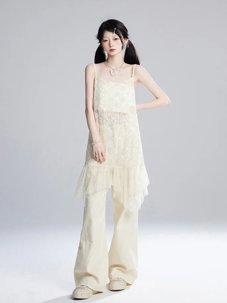 ストラップレスヘムクロップド丈スパンコールメッシュスリップドレス/アプリコットアプリコットセミシースルートップスター柄アシンメトリー