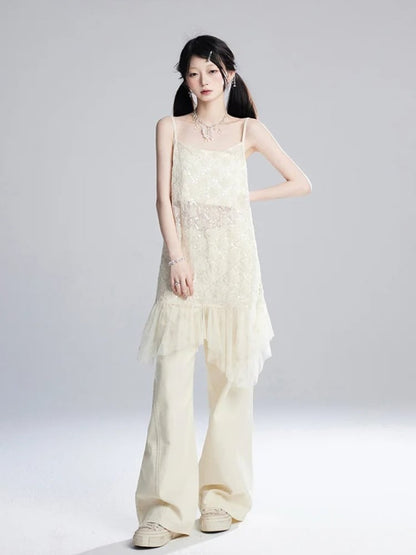 ストラップレスヘムクロップド丈スパンコールメッシュスリップドレス/アプリコットアプリコットセミシースルートップスター柄アシンメトリー