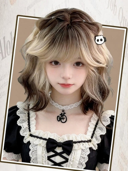 Black & Gold Ombre 30cm Wavy Curly Air Bangs Wig - Meow Island Wig