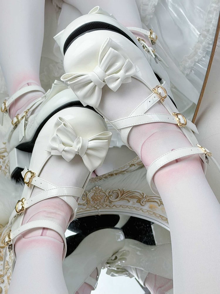 Delicate Lolita Mary Bow - Sweet Mid-heel White Janes PU in