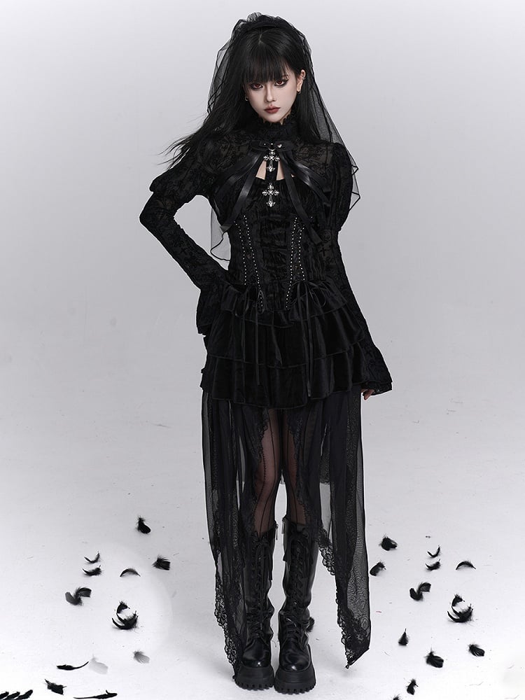 Halloween-Tüllbesatz mit Overlay Gothic-Stufenrock mit abnehmbarer Spitze in Schwarz