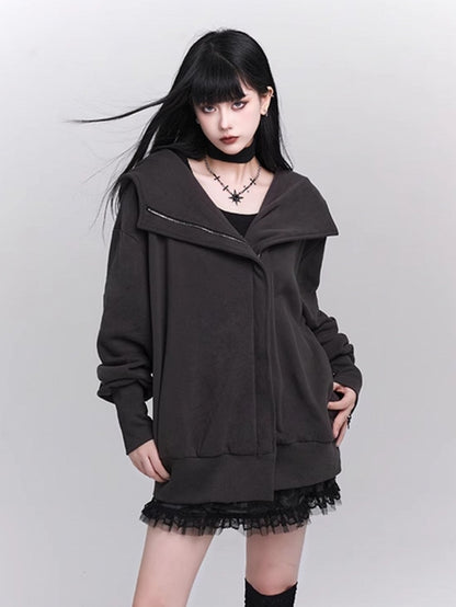 with Gothic Dark Ribbed Front Details Zip-Up Gray Fleece-Lined Jacket Hooded