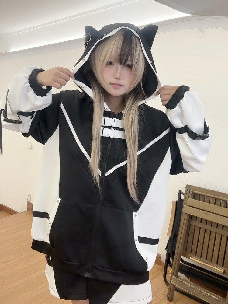 Black Jirai Kei Techwear Coord Set: Kitten Ear Hoodie with Detachable Sleeves, Utility Snaps, Shorts & Leg Warmers