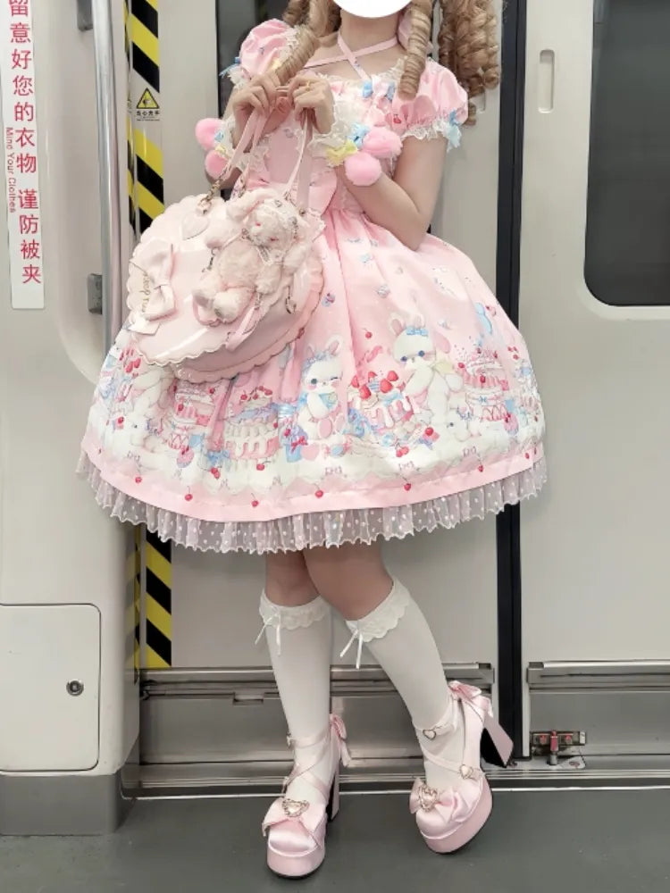 ピンクのバニーとケーキプリントのスイートロリータショートパフスリーブドレス
