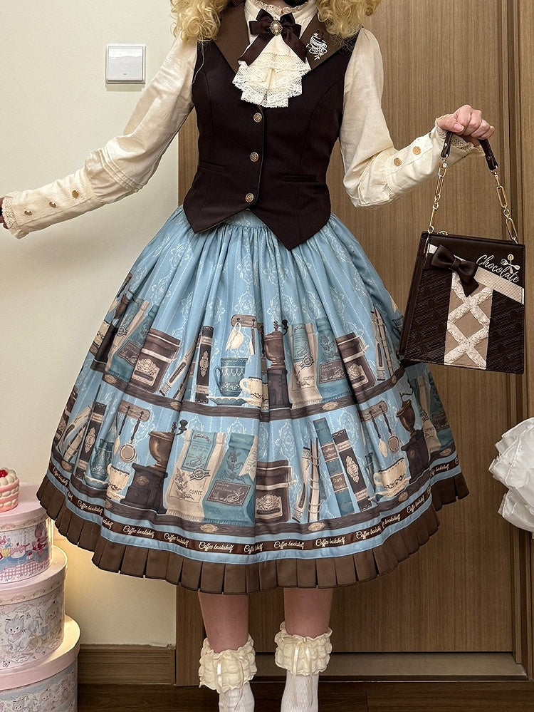 Blue Brown Coffee Cup Bookshelf Print Elegant Skirt Ruffled Hem - Dream Whale