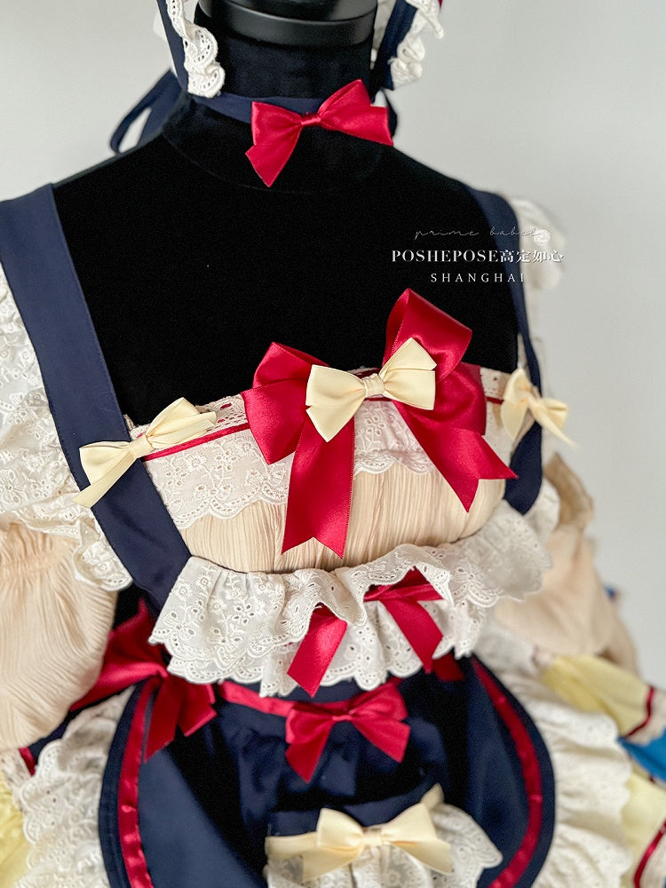 ダークブルーとレッドの白雪姫スイートメイドエプロン + バスクウエストストラップレスティアードフリルパフィードレス